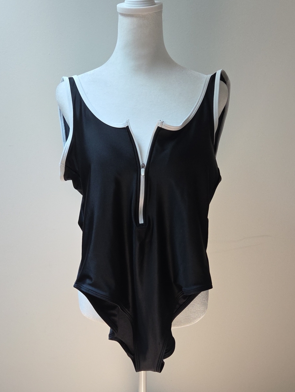 Black and White Zipper Front  One Piece Bathing Suit